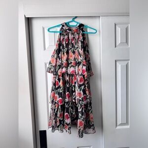 En Saison Black Tiered Chiffon Romper Dress with Pink Floral Print